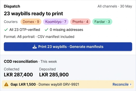 Gravity OMS bulk waybill print and COD reconciliation