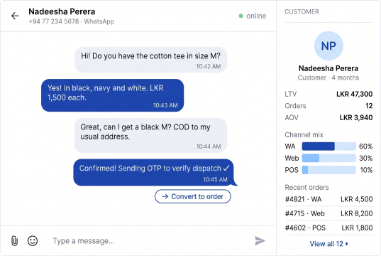 Gravity OMS unified order view across WhatsApp, web storefront, and POS